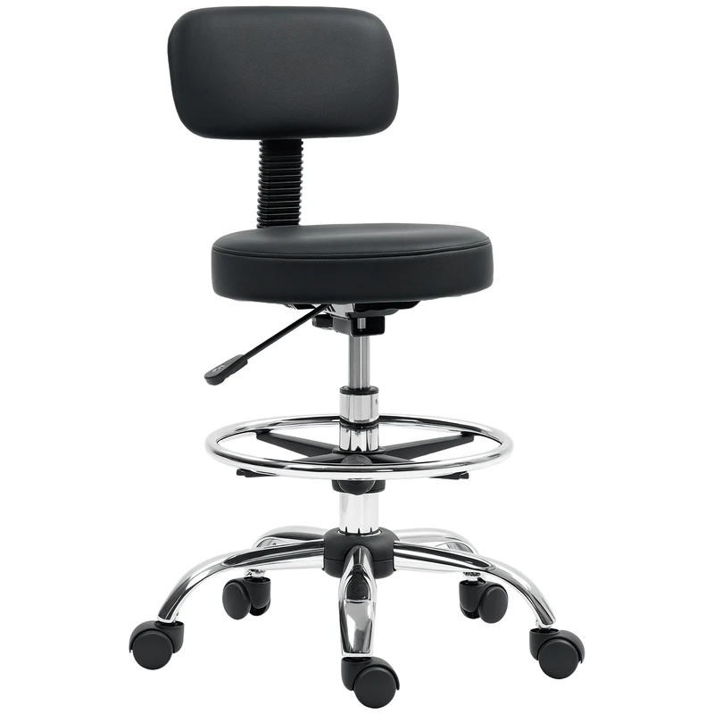 HOMCOM Drafting Chair, Office Chair with Backrest and Adjustable Footrest, Height Adjustable Stool, Leather Padded Rolling Task Chair for Home Office, Black - Image 1