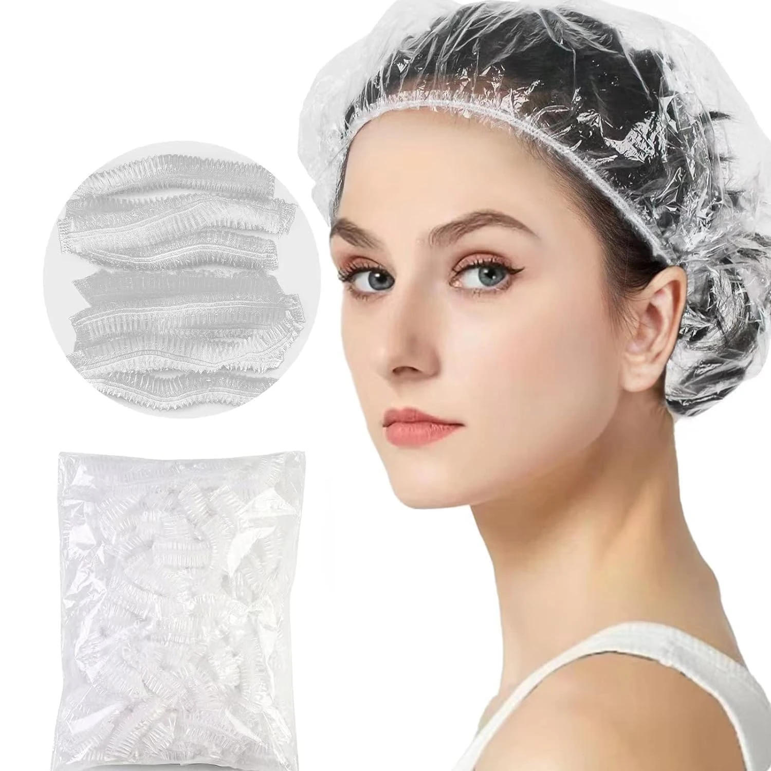 100 Pcs Shower Caps Disposable, Waterproof Hair Caps, Waterproof Shower Cap, shower cap for women, Plastic Shower Caps for Hair Treatment for Salon, Spa, Travel, Home Use, Hotel, Shower