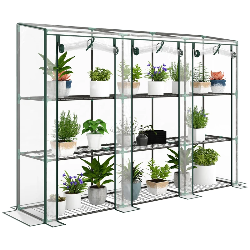 Outsunny 3 Tier Lean-to Mini Greenhouse with Reinforced Plastic Cover, Portable Indoor Outdoor Green House with 3 Roll-up Doors and 9 Wire Shelves, 151H x 215W x 46Dcm, Clear