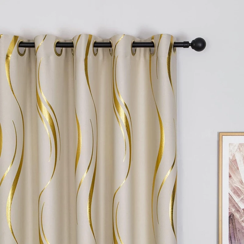 MYRU 2 Panels Set Foil Print Striped Curtains for Living Room Bedroom (Beige and Gold, 2 x 54Wx106L)