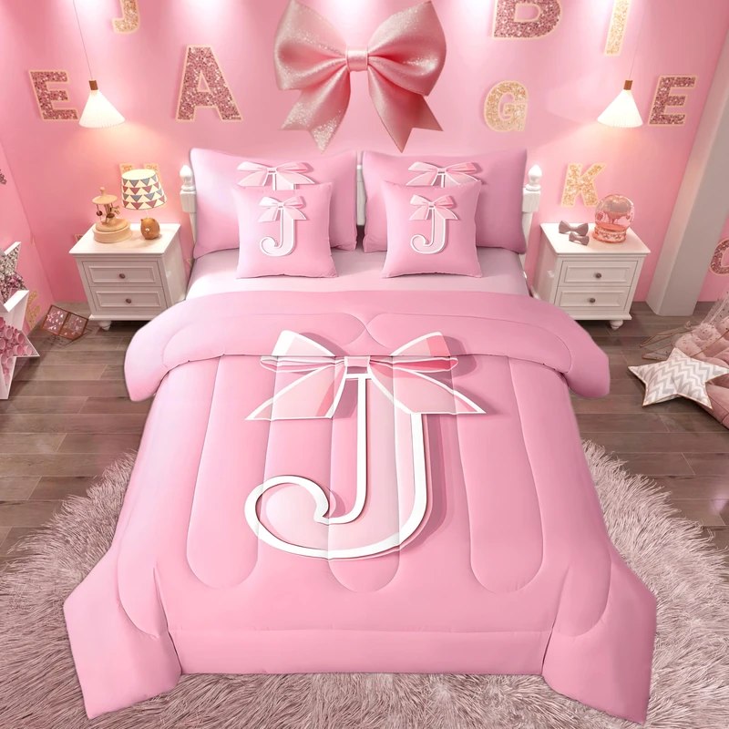 jejeloiu Pink Bowknot Bed Set, Twin Size, Decor Personalized Teen Girl Gifts Ultra Soft Initial Letter J 7 Pieces Beeding Set, Girly Romantic Bed in a Bag with Comforter, Sheets, Pillowcases