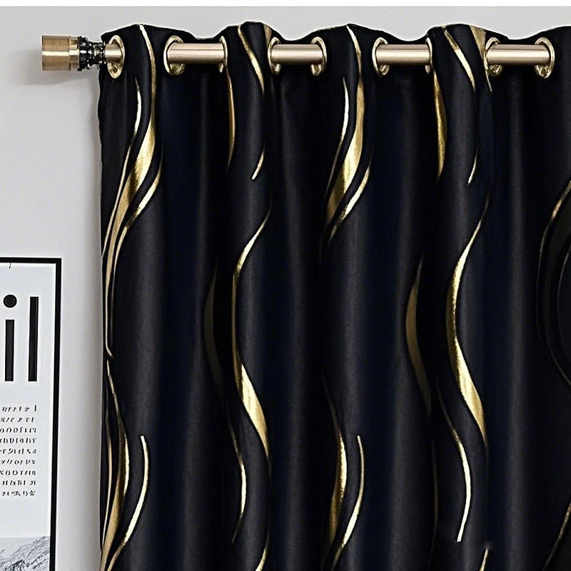 MYRU 1 Pair Black Blackout Curtains for Bedroom, Luxury Striped Curtains for Living Room(Black and Gold, 2 Panels 54 x 106 Inch)