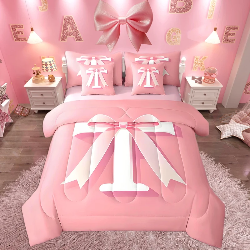 jejeloiu Kawaii Pink Bow Bed Set, Full Size, Decor Teen Girl Gifts Personalized Initial T 7 Pieces Beeding Set, Ultra Soft Monogrammed Bed in a Bag with Comforter, Sheets, Pillowcases Modern Fashion