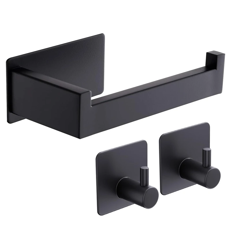 Aikzik Toilet Roll Holder Wall Mounted, Premium 304 Stainless Steel Toilet Paper Holder Self Adhesive and 2 Adhesive Hooks for Bathroom & Kitchen, Strong Adhesiveness and Waterproof, Black