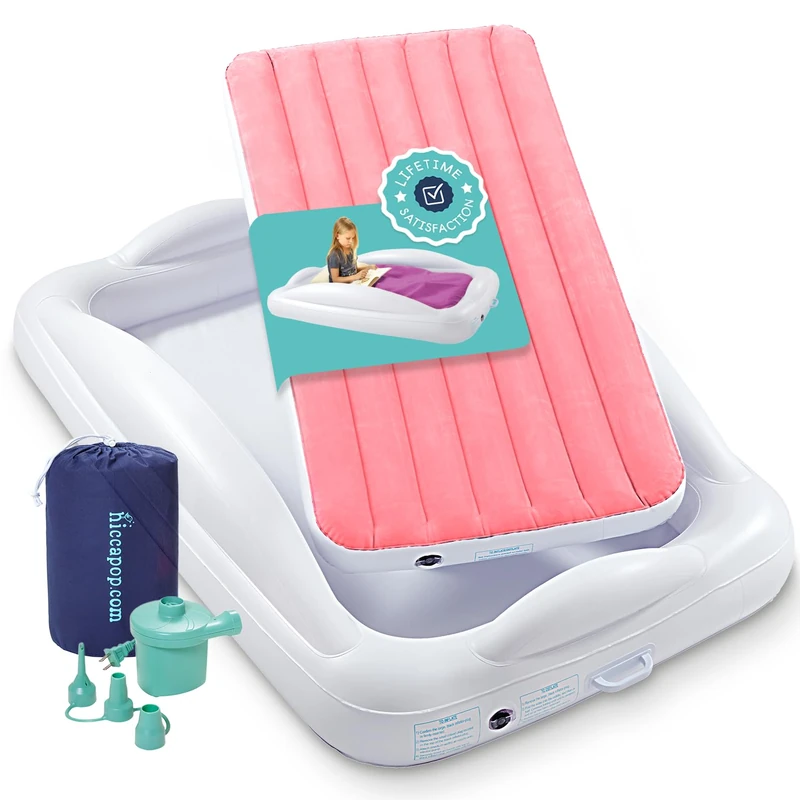 hiccapop Inflatable Toddler Travel Bed with Safety Bumpers [4-Sided], Portable Toddler Bed for Kids, Toddler Air Mattress, Kids Air Mattress - Pink