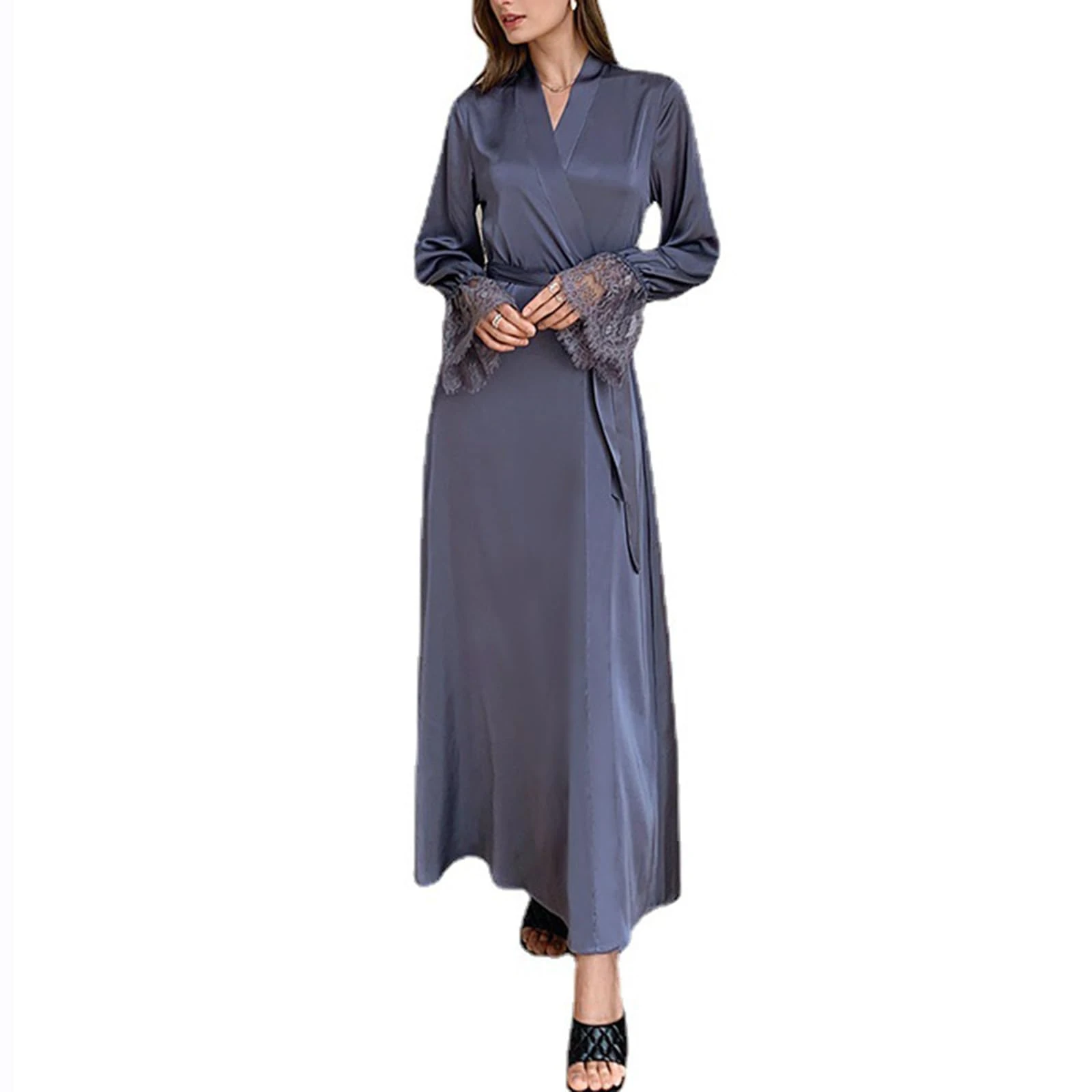 LoprNsdgt Women's Sexy Nightgown Silk Backless with Waist Tie Lace Long Sleeve V Neck Nightie,Purple,M