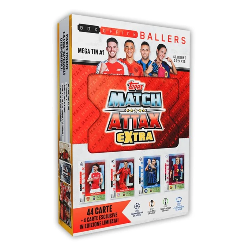 Topps Match Attax Extra 2025 - Mega Tin #1 - Box Office Ballers. 48 cards including 4 exclusive Box Office Baller LE cards. Look out for relics inside lucky tins!