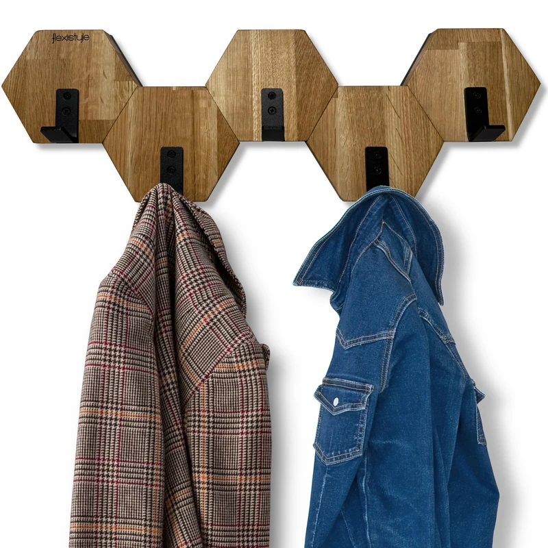 FLEXISTYLE Hexagon Wall Coat Rack Wood Oak Black Design Modern Teenager's Room Bathroom Natural (Oak, 56)