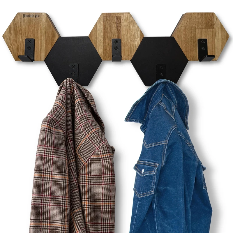 FLEXISTYLE Hexagon Wall Coat Rack Wood Oak Black Design Modern Teenager's Room Bathroom Natural (Black/Oak, 56) - Image 1