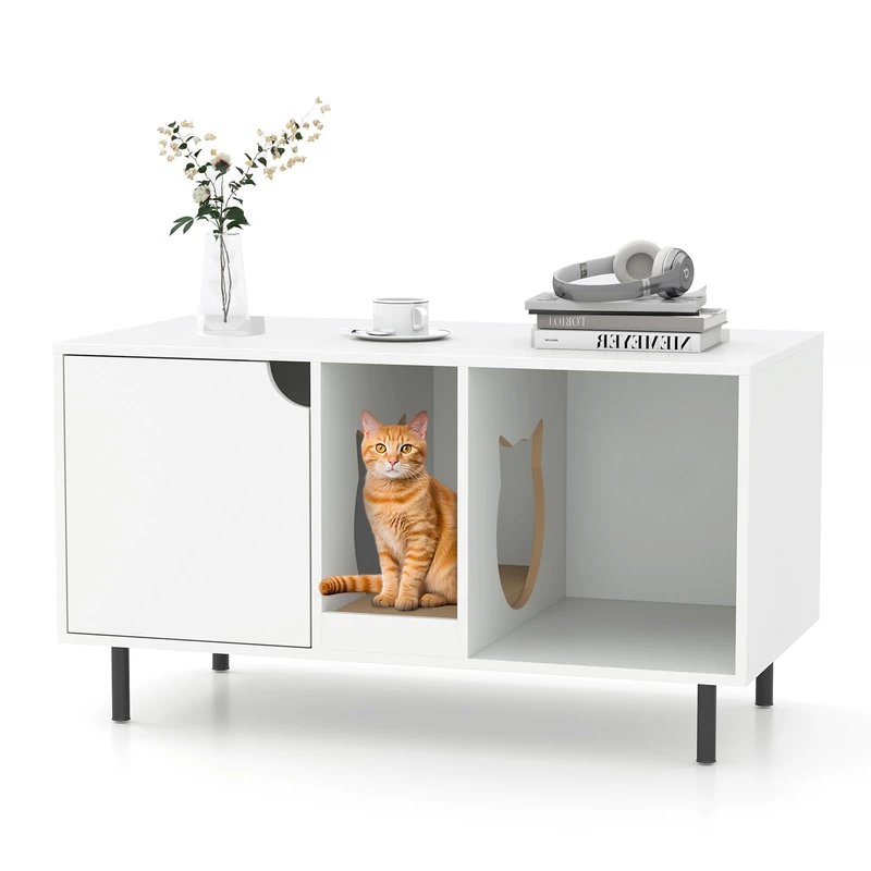 GYMAX Wooden Cat Litter Box Enclosure, Hidden Kitty Washroom Furniture Cabinet with Removable Scratching Board and Cat Hole, Indoor Pet Furniture Cats Houses for Living Room, Bedroom & Hallway (White)