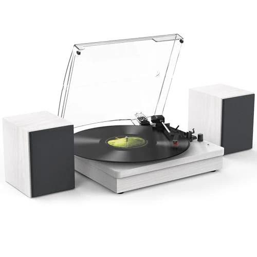 Vinyl Record Player with Two Stereo Speakers, Bluetooth Playback Turntable with 3 Speed AUX Headphone Input and RCA Out, Retro White