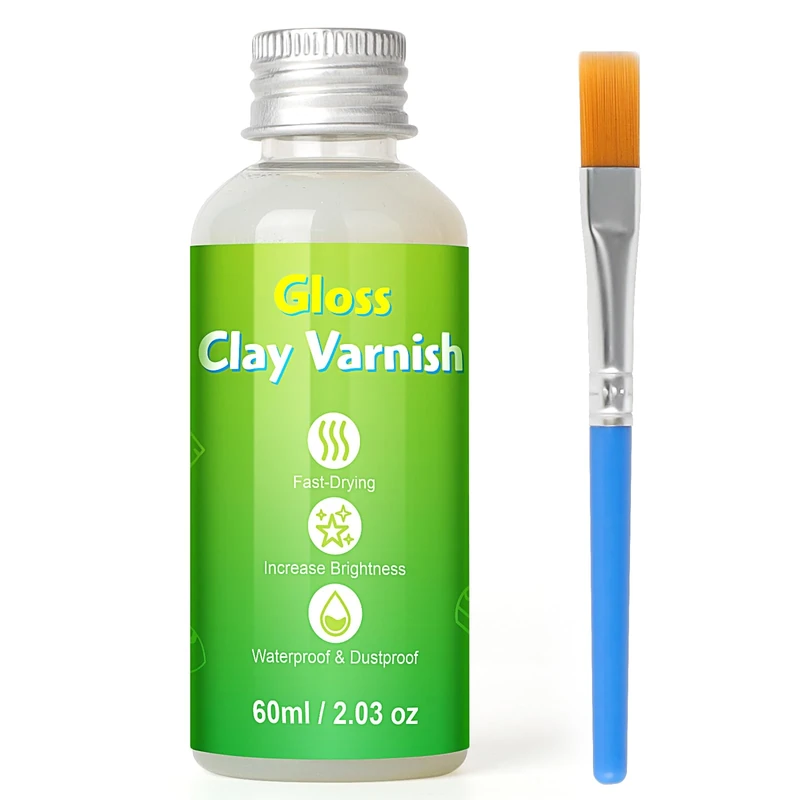 Air Dry Clay Varnish, 60ml Clay Glaze with 1 Brush for Air Drying Clay, Clear Varnish for Craft Pottery, Oil Painting, Wood, High Gloss Scratch Resistant Waterproof