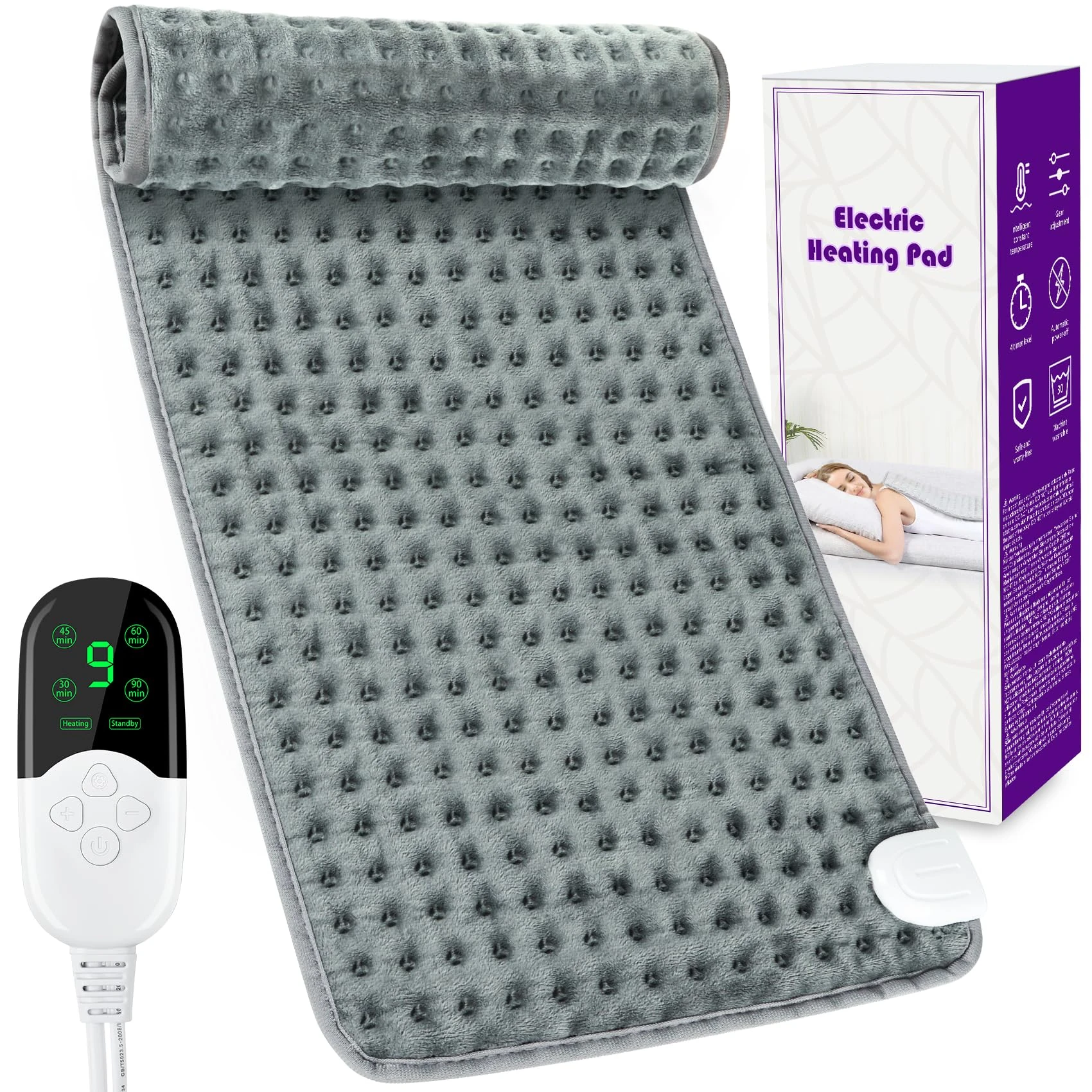Heating Pad Electric Heat Pad for Back Shoulder Neck, Heated Pad Electric Heats up Quickly with 9 Heat Levels and 4 Timer Settings, Small Electric Blanket Machine Washable, 30 x 60 cm, Grey