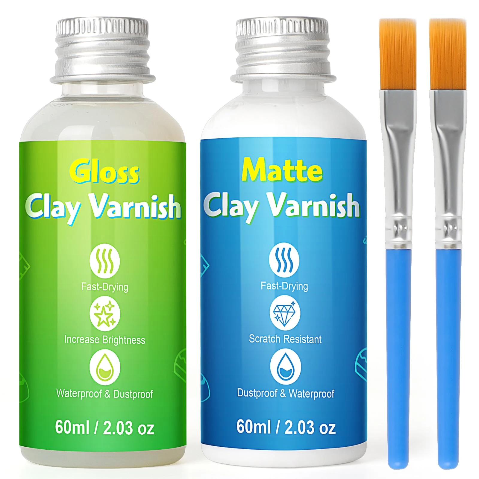Air Dry Clay Glaze Kit, 2 x 60ml Gloss Matte Clay Varnish with 2 Brushes for Air Drying Clay, Air Dry Clay Varnish for Craft Pottery Oil Painting Wood Water Proof Scratch Resistant (Gloss+Matte Kit)