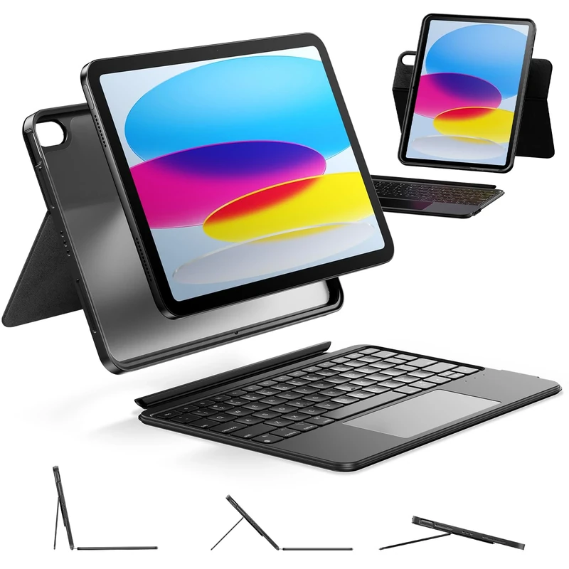 HOU Keyboard Case for iPad A16 11/10, Rotatable & Detachable, Adjustable Stand, Elastic Pen Holder, Full Protection Cover, 7-Colors Backlight, Multi-Touch Trackpad