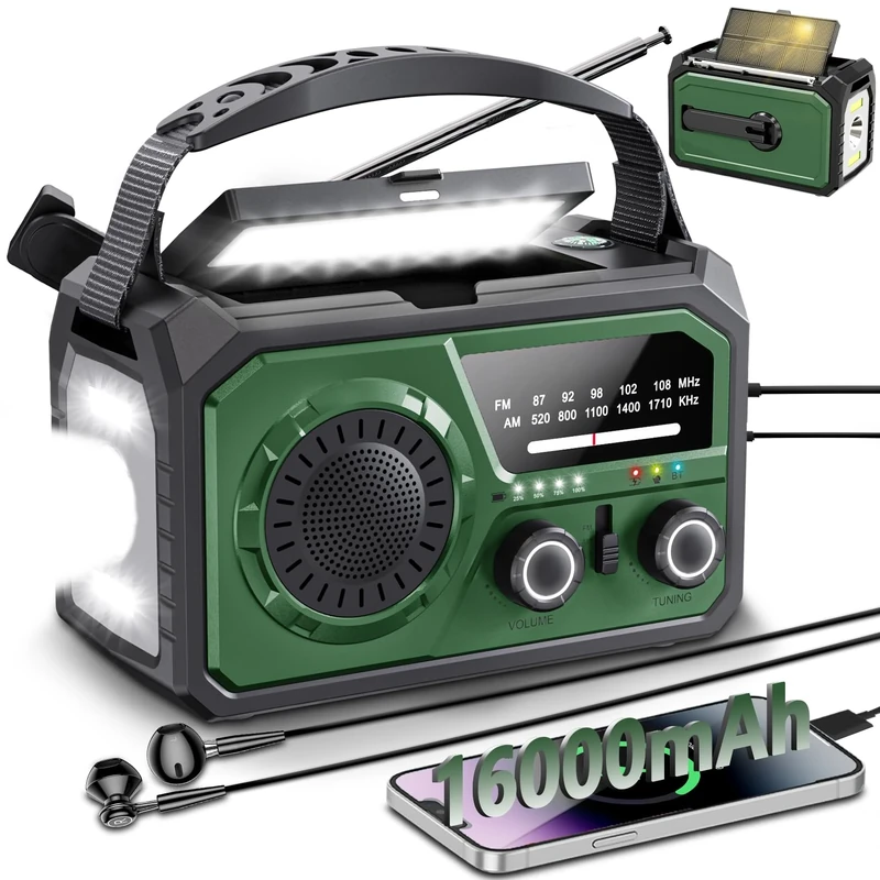 Wind Up Solar Radio with Power Bank-Army Green (Army Green-16000 mAh)