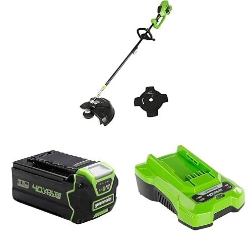 Greenworks 40V Cordless Brushcutter with Brushless Motor, Adjustable Height, 40cm Cutting Width, Bump Feed 2mm Nylon Line or 25cm Blade,40V 5Ah Battery G40B5 & Charger G40C