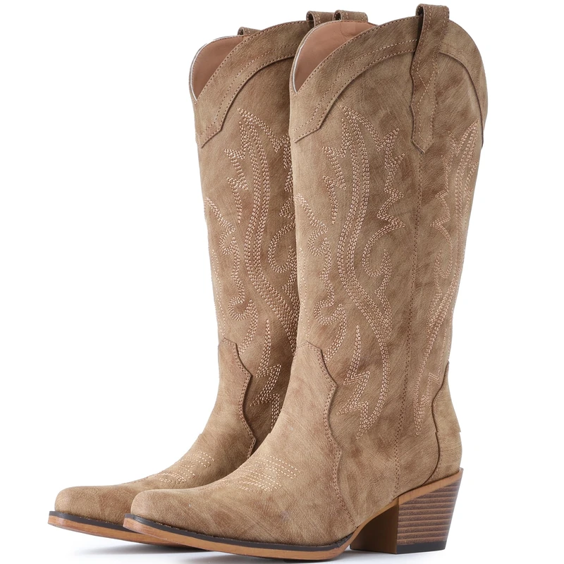 IUV Cowboy Boots For Women Western Cowgirl Boots with Chunky Heel Mid Calf Pointy Toe Boots, Camel, 7 UK