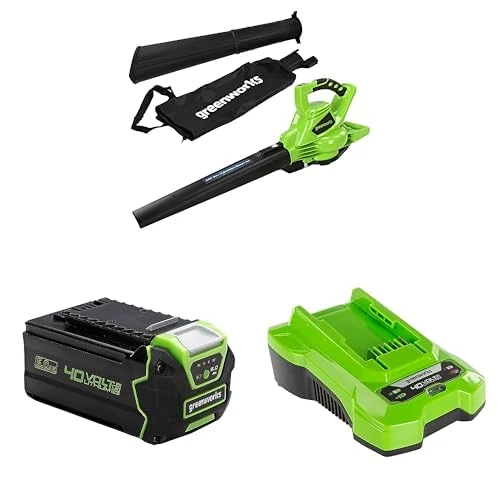 Greenworks 40V Cordless Leaf Blow Vac with Brushless Motor, 280km/h, 9.63m³/min, 45L Mulching Bag, 5Ah Battery & Charger, 3 Year Guarantee