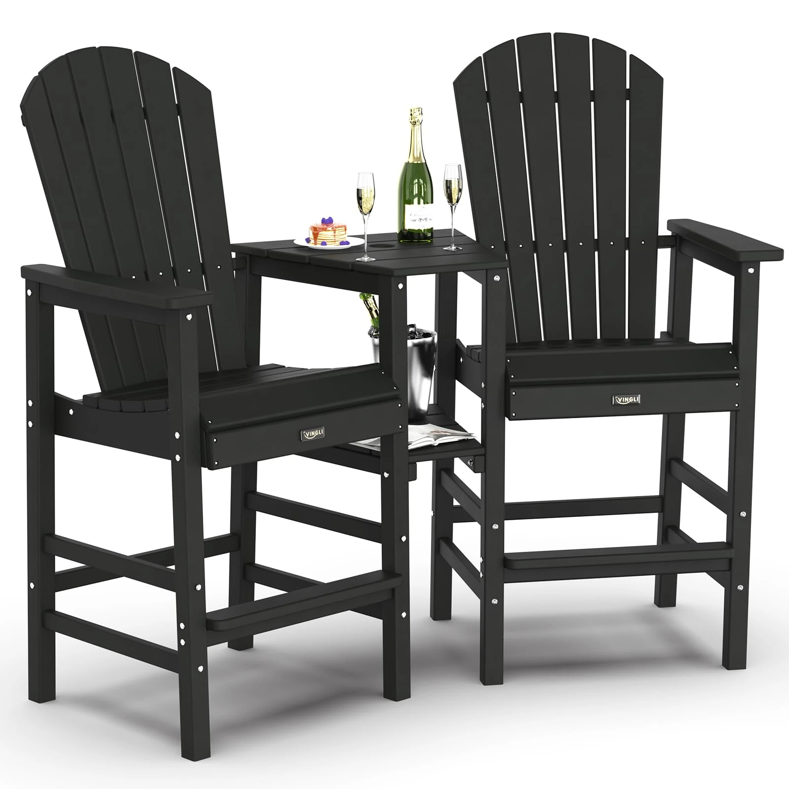 VINGLI Tall Adirondack Chairs Set of 2, HDPE Balcony Chair with Double Connecting Tray Weather Resistant Outdoor Bar Stools for Patio Deck Lawn Pool Backyard (Black)