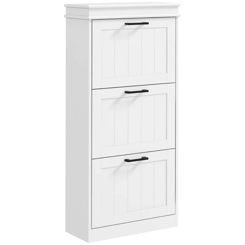 HOMCOM 15 Pairs Shoe Cabinet Narrow Modern Shoe Cabinet with 3 Folding Drawers and Adjustable Shelves for Hallway and Entryway, 54 x 24 x 117.5 cm, White