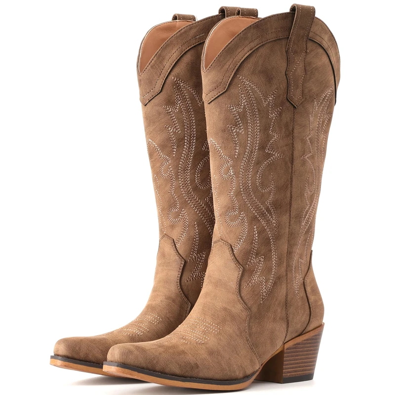 IUV Cowboy Boots For Women Western Cowgirl Boots with Chunky Heel Mid Calf Pointy Toe Boots, Brown, 7 UK