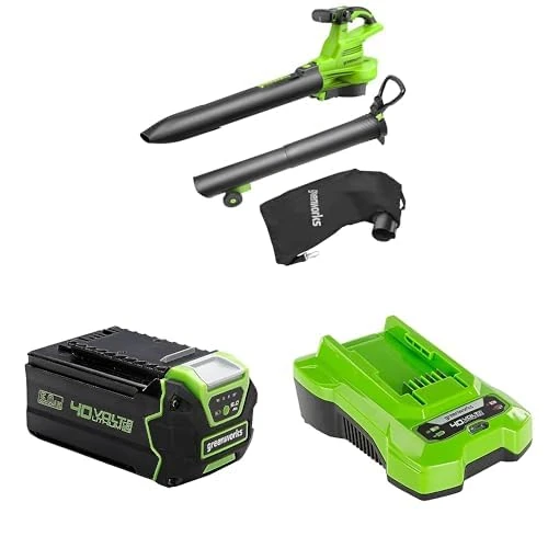 Greenworks 40V Akku Laubsauger/Laubbläser mit bürstenlosem Motor, 370 km/h, 14.17 m³/min, 45L Fangsack, zwei 5Ah Akkus & Ladegerät, 3 Jahre Garantie
