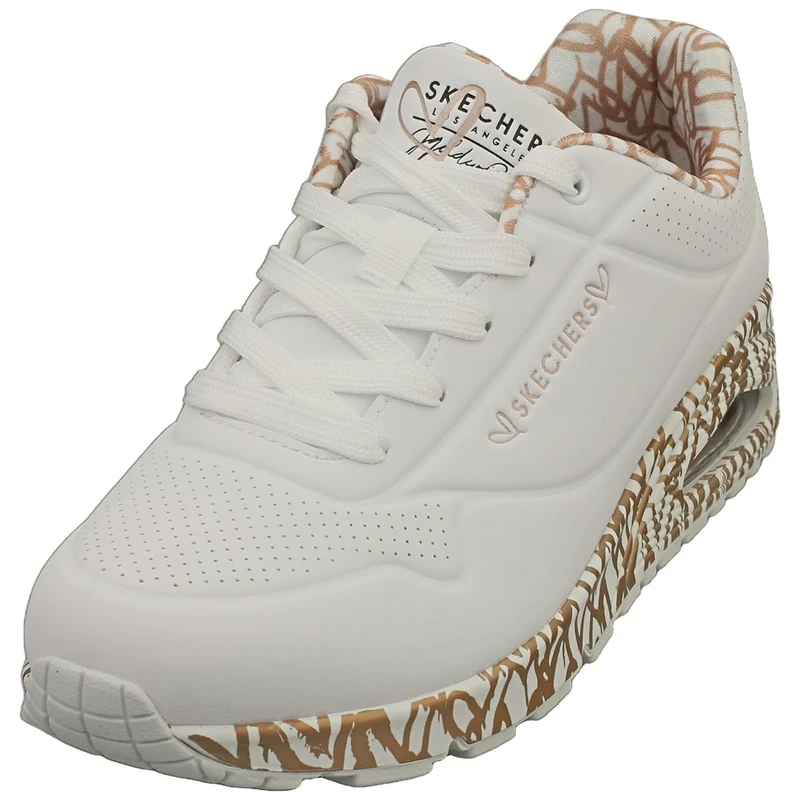 Skechers Women's Uno Loving Love Sneaker, White Durabuck/Rose Gold Print Trim, 3 UK