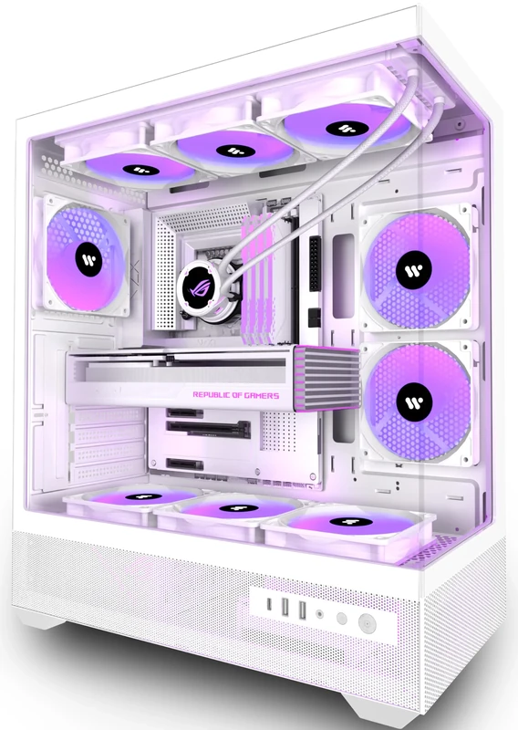 ANSAITE PC Case Pre-Installed 6 × 120mm PWM ARGB Fan, ATX Mid Tower PC Gaming Case, Computer case with Panoramic View Tempered Glass Front & Side Panel, Type C Port (white)
