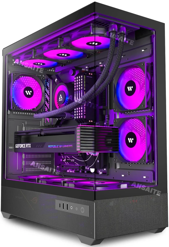 ANSAITE PC Case Pre-Installed 6 × 120mm PWM ARGB Fan, ATX Mid Tower PC Gaming Case, Computer case with Panoramic View Tempered Glass Front & Side Panel, Type C Port, Black