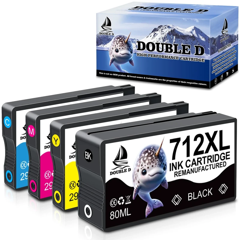 DOUBLE D 712XL Ink Cartridges for HP 712 3ED70A 3ED71A 3ED67A 3ED68A 3ED69A Compatible with HP DesignJet T650 T630 T230 T250 T210 (1BK/1C/1M/1Y)