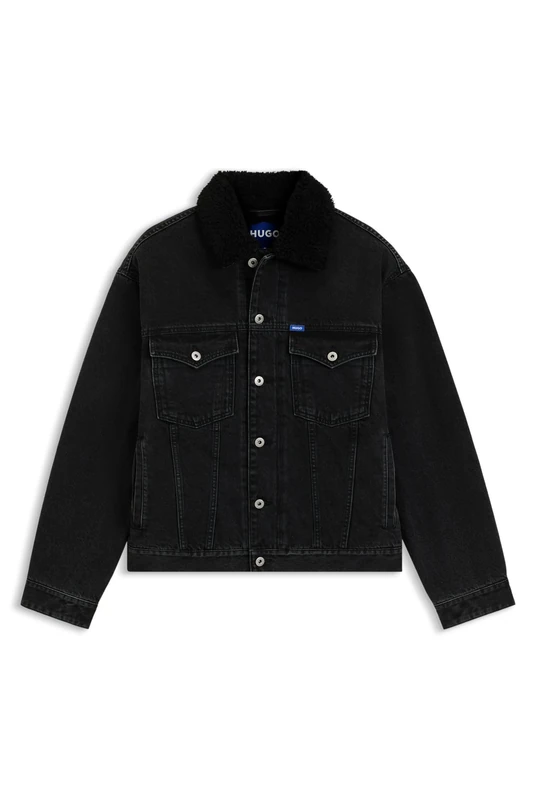 HUGO Mens Dex/1 Black-Denim Jacket with Teddy Collar