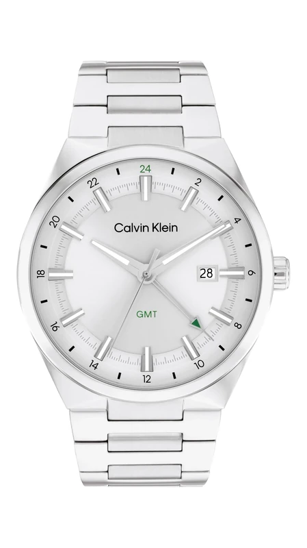 Calvin Klein Three Hand Quartz Movement Watch with Calendar for Men DISTINGUISH Collection with Silver Stainless Steel Bracelet - 25200489