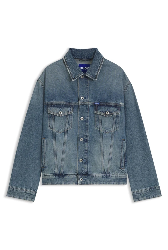 HUGO Mens Kirkby Loose-fit jacket in blue stonewashed denim