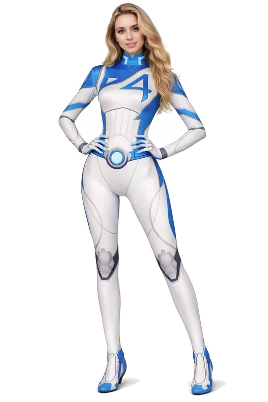 Invisible Woman Cosplay Costume Susan Storm Cosplay Strategist Hero Jumpsuit Outfits Blue One-Piece Halloween Dress, Blue, Large
