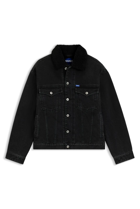 HUGO Mens Dex/1 Black-Denim Jacket with Teddy Collar