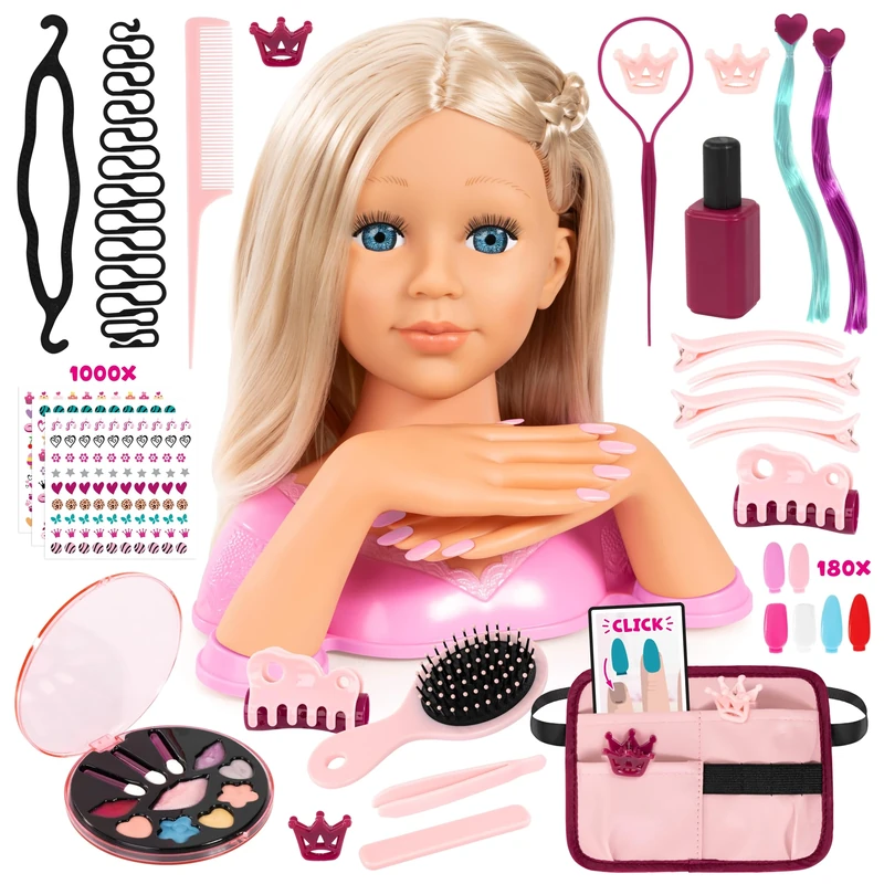 Bayer Charlene Magic Nails, Hair Styling Head 27cm with Hands - Doll Head for Hair Styling with Accessories, Makeup, Cool Nails, Varnish & Stickers - Kids Hairdressing, Make Up Play Set for Girls 3+