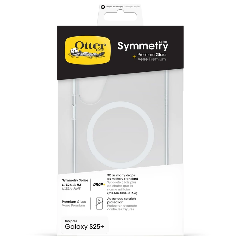 OtterBox Drop Protection Bundle for Samsung Galaxy S25+; Symmetry Series Clear Case with Magnets 3x Tested to Military Standard and Premium Glass Screen Protector, Clear