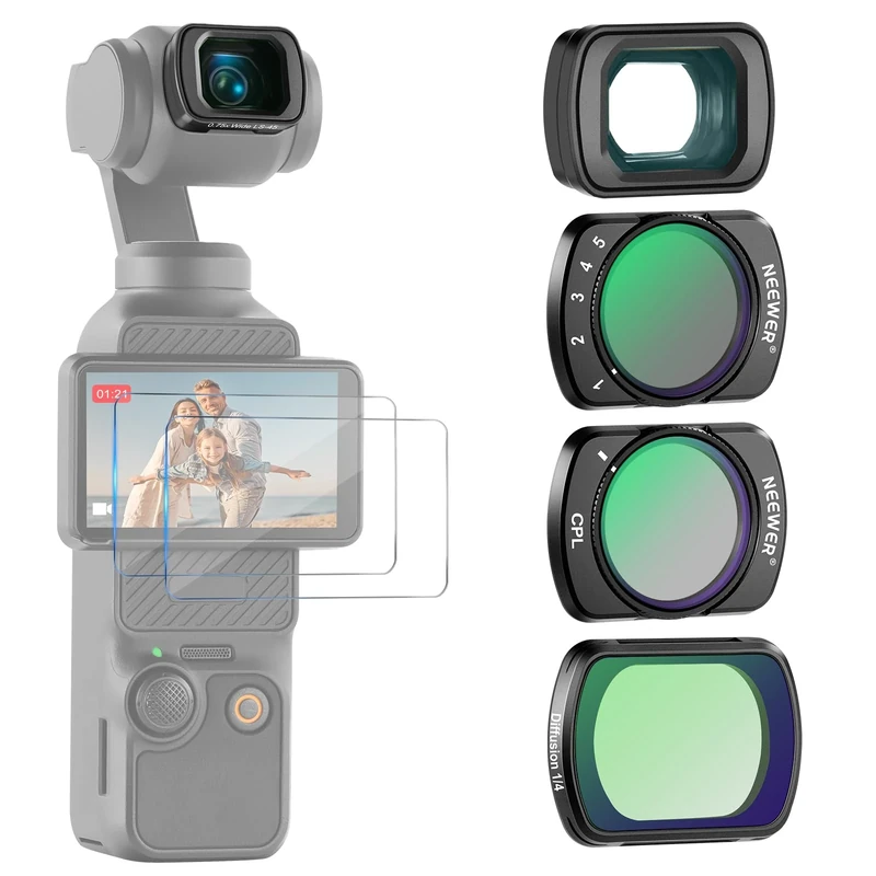 NEEWER Filter Set (3 Pack) with 0.75X Wide Angle Lens 108° FOV, Variable ND 2-32 CPL 1/4 Black Mist Diffusion Filter Compatible with DJI Osmo Pocket 3 Creator Combo Accessories, FL-B09