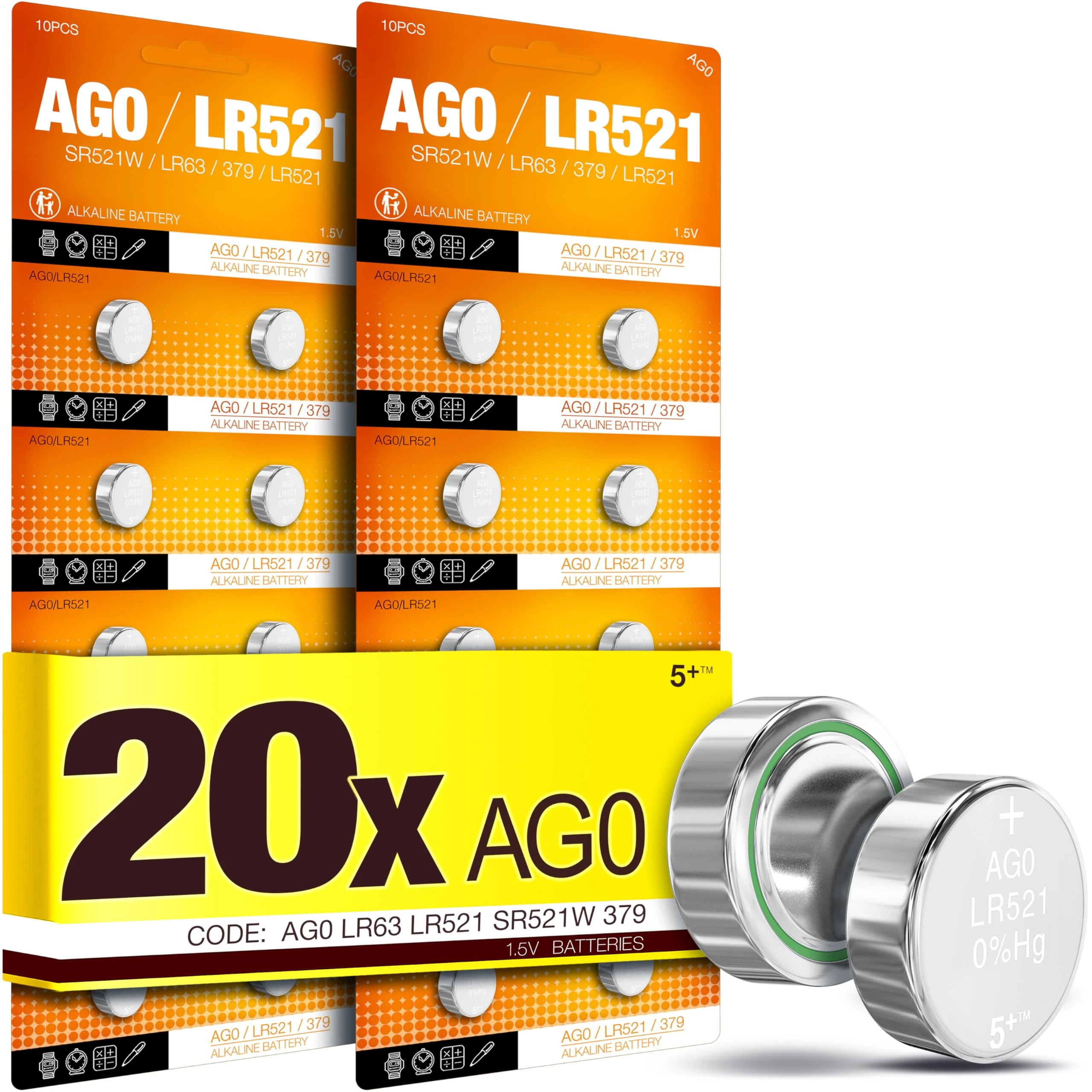 5Plus Group 20 Pcs AG0 LR521 379 SR521 SR521W Alkaline Button Cell Batteries – Ideal for Watches, Calculators, Toys, Lasers, Clocks, Thermometers, and More