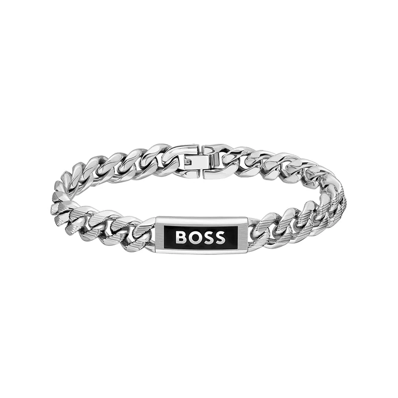 BOSS Jewelry Men's KASSY EMBLEM Collection Chain Bracelet in Stainless Steel with a Black Enamel Plaque - 1580679S