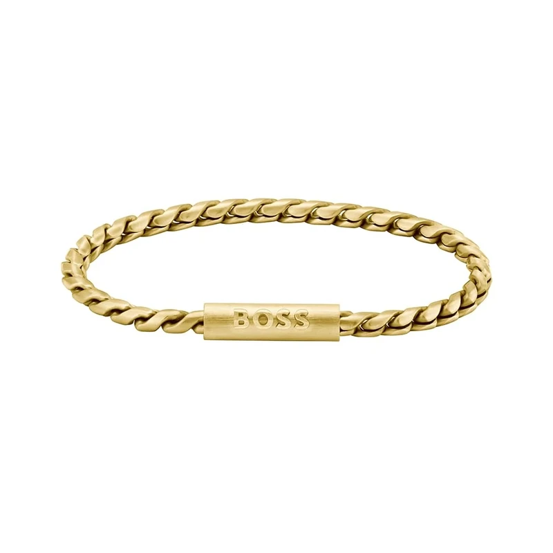 BOSS Jewelry Men's DORAN Collection Chain Bracelet in Yellow Gold with an Engraved Plaque - 1580696