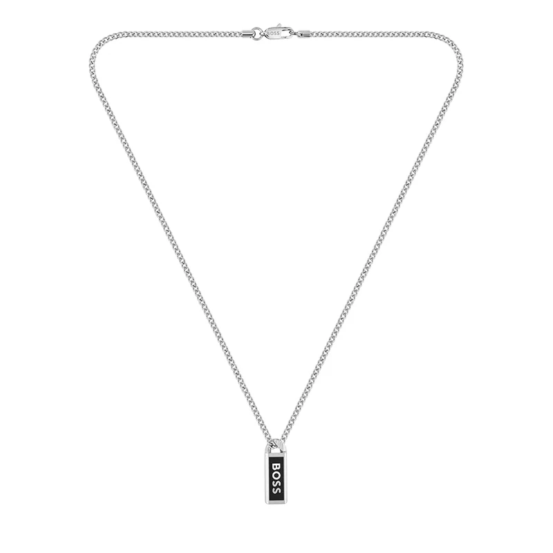 BOSS Jewelry Men's KASSY EMBLEM Collection Chain Necklace in Stainless Steel with a Black Enamel Pendant - 1580677