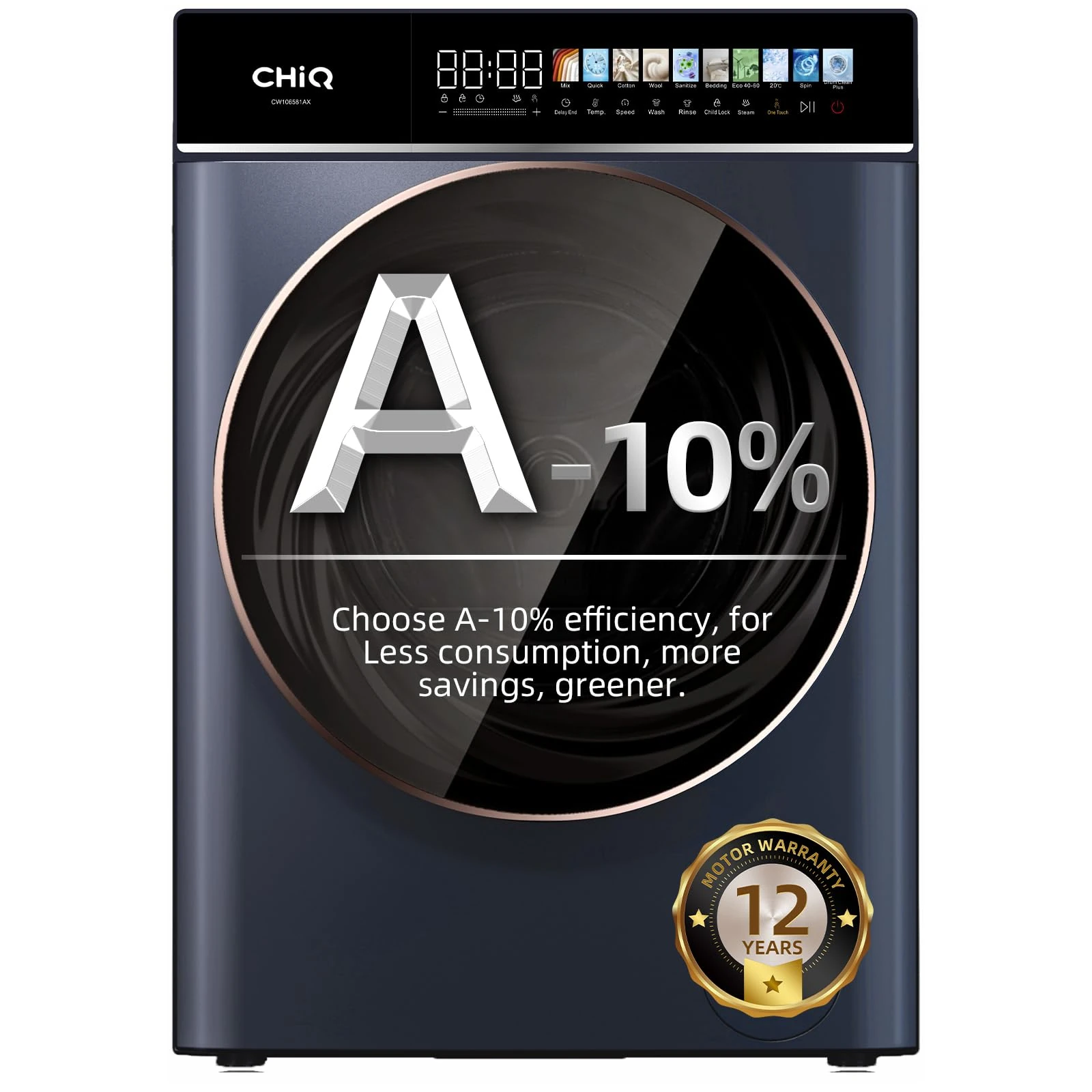 CHiQ CW106581AXU Washing Machine, 10kg, 1400rpm, BLDC Inverter Motor, 12 Washing Cycles, Steam Care, LED Touchscreen, Grey