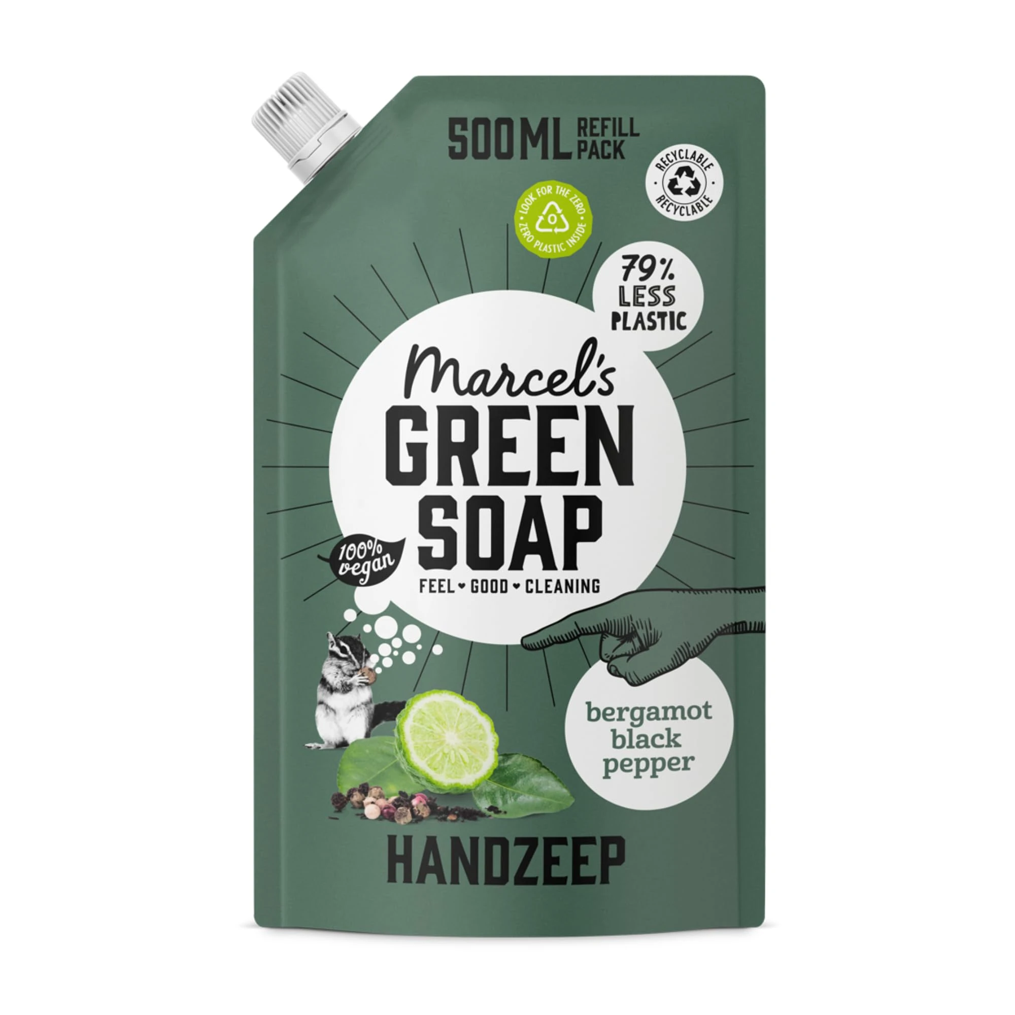 Marcel's Green Soap - Hand Soap Black Pepper & Bergamot Refill - Handwash Refill Pack - Vegan - 97% Biodegradable - 500ml