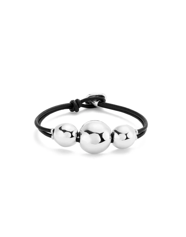 UNO DE 50 Bracelet of Leather with Tres Cuentas Large of Alloy of Metal Plated in Silver of Sterling - Min Perimeter 17,5
