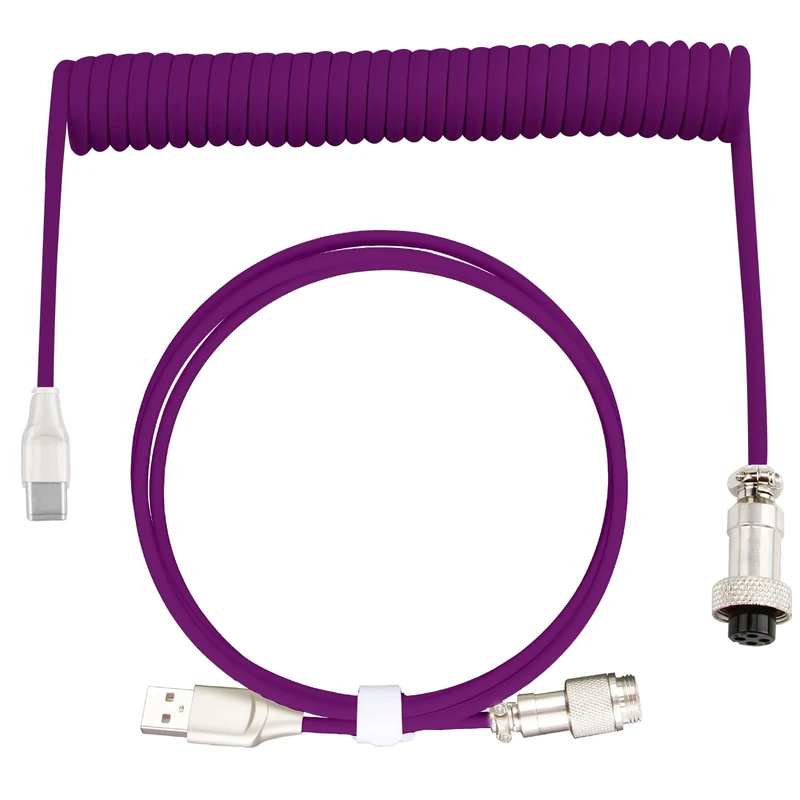 ltteea Coiled Keyboard Cable 1.8m,Type-C To USB A TPU Spring Mechanical Cable with Detachable Metal Aviator Connector Extendable Custom Coiled USB-C for PC Laptop Gaming Keyboard (Purple)
