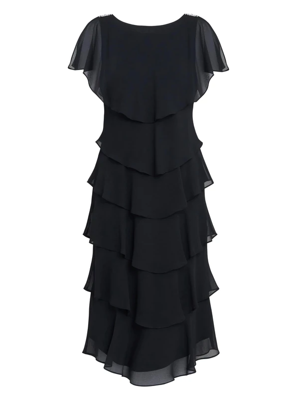 Gina Bacconi Midi Tiered Dress with Shoulder Trim, Rose Pink, 14 - Image 1