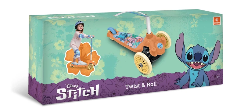 Mondo Toys Stitch Twist & Roll Scooter – 3‑Wheel Kids’ Lean‑to‑Steer Scooter with Adjustable Handlebar & Anti‑Slip Footplate – Model 28745
