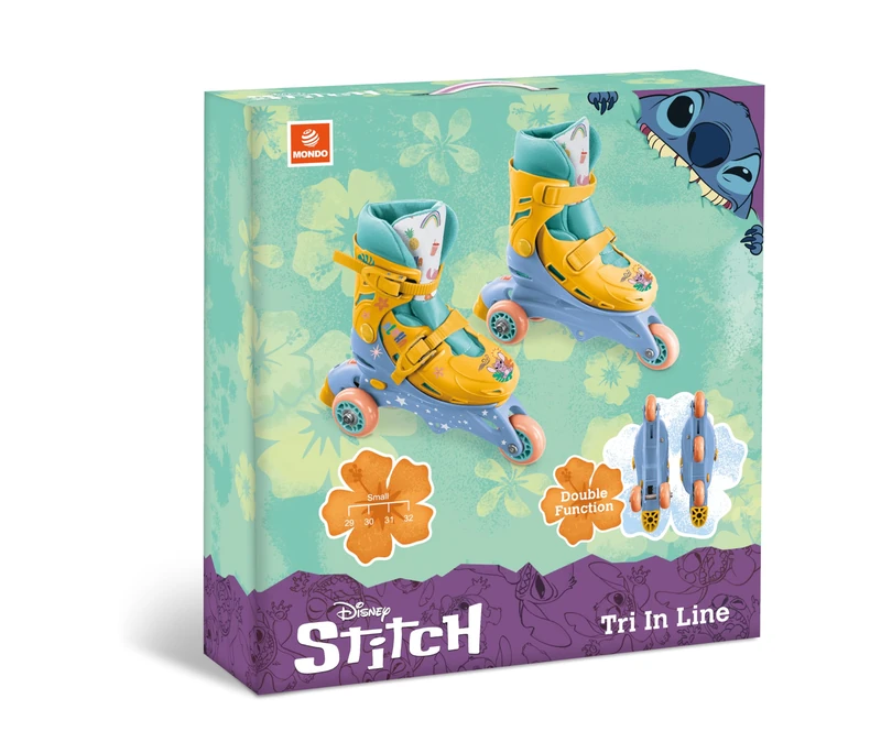 Mondo Toys Disney Stitch 3‑in‑Line Skates – Dual‑Function Adjustable Inline Skates Size 29–32 for Kids (Model 28755)
